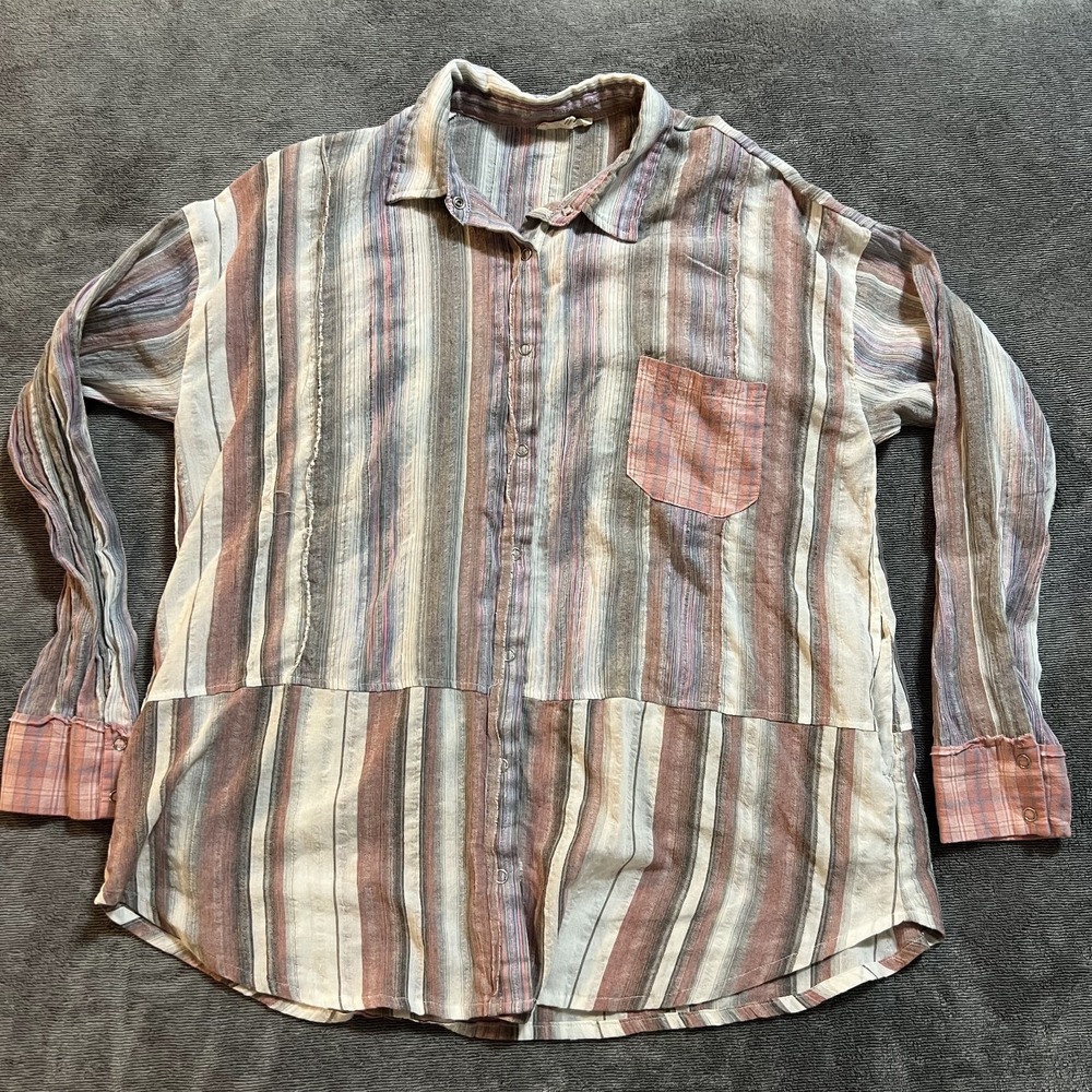 Easel Patchwork Striped Button Up Shirt Boho Cottagecore Mixed Print Size M